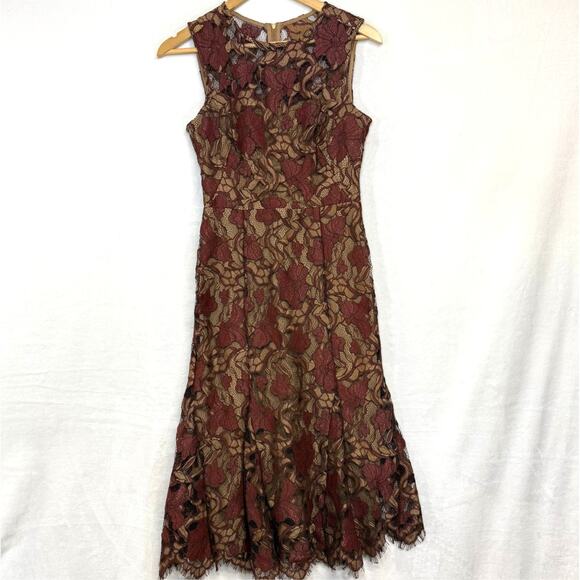 Calvin Klein 2 Lace Brown Dress Floral A-Line Sheath Fringe Formal Wedding Party - Picture 3 of 13
